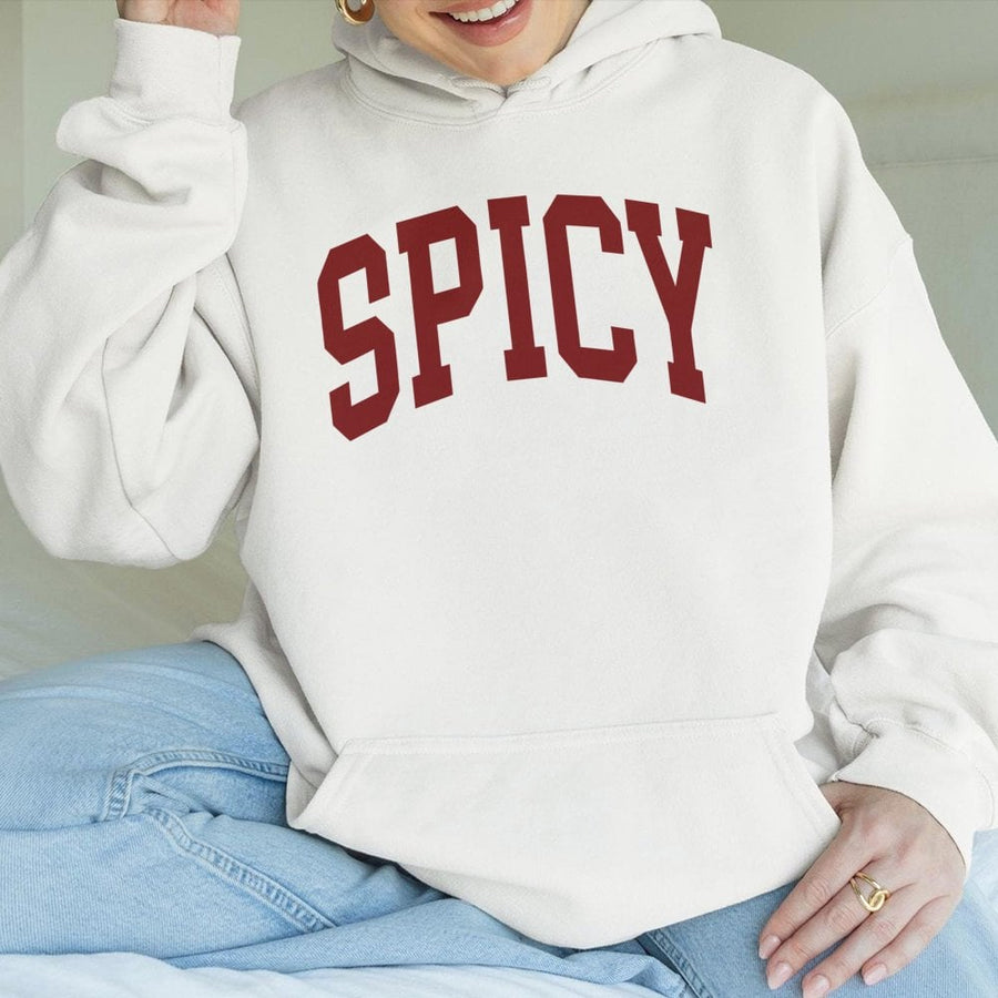 Spicy Varsity Hoodie | Retro Lettering Graphic Sweatshirt | Premium Cotton Blend | Sassy Gift for Her & Him Unisex Pullover