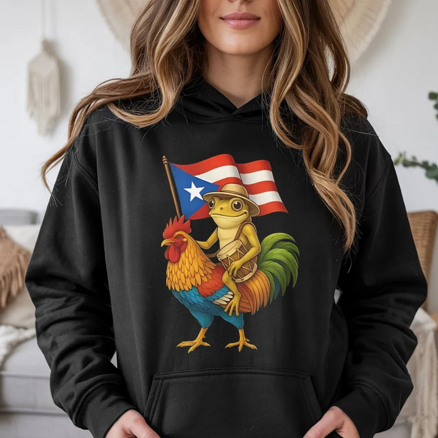 Puerto Rican Pride Hoodie | Coqui Frog Playing Drum on Rooster Graphic | Soft Cotton Blend | Boricua Heritage Gift for Men and Women