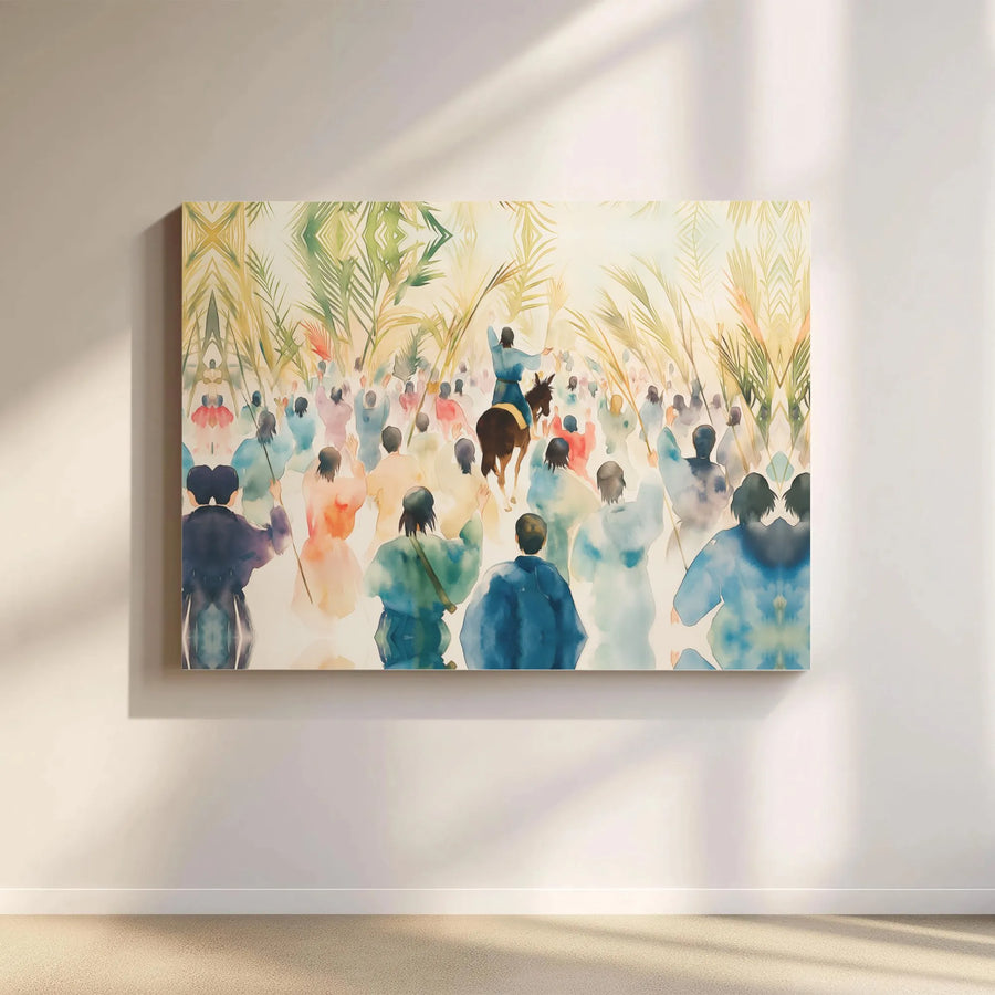 Palm Sunday Canvas Wall Art | Watercolor Jesus Triumphal Entry | Premium Gallery Wrapped Canvas | Christian Home Decor Gift
