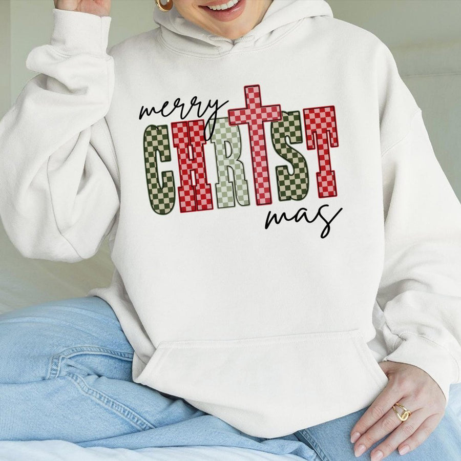 Merry Christmas Cross Hoodie | Checkered Holiday Graphic Print | Premium Cotton Blend | Religious Christian Gift for Women and Men