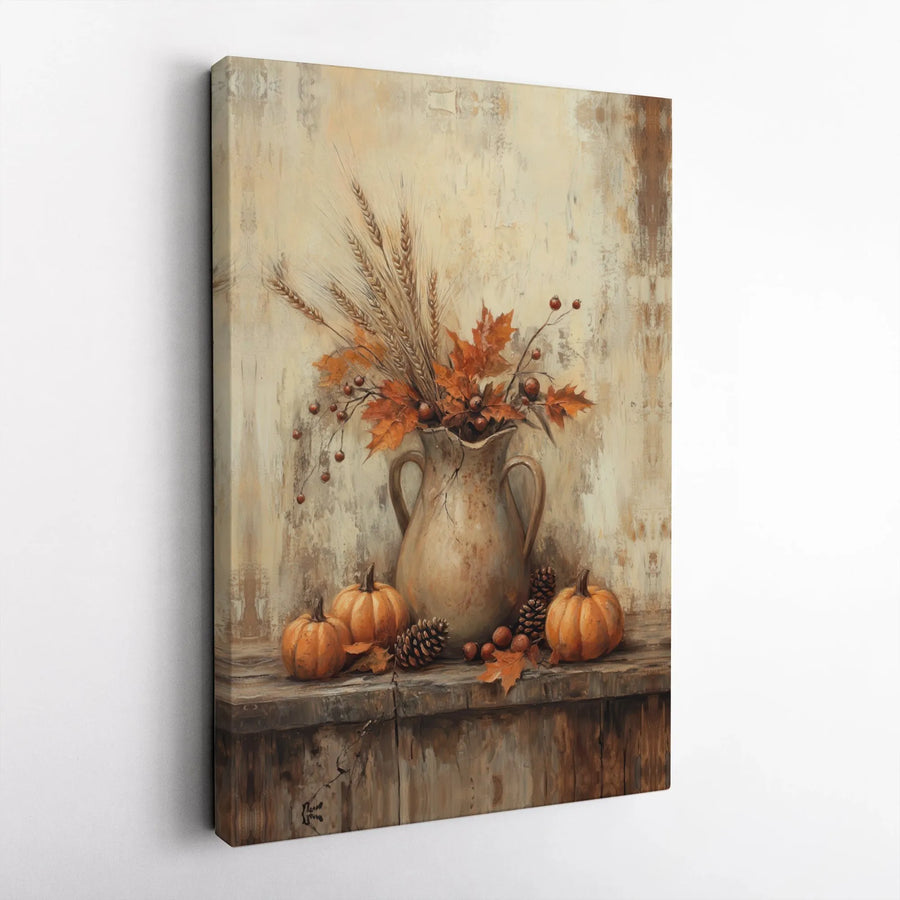 Autumn Still Life Canvas Print | Rustic Pumpkin & Wheat Harvest Decor | 1.25-Inch Gallery Wrap | Seasonal Farmhouse Home Wall Art