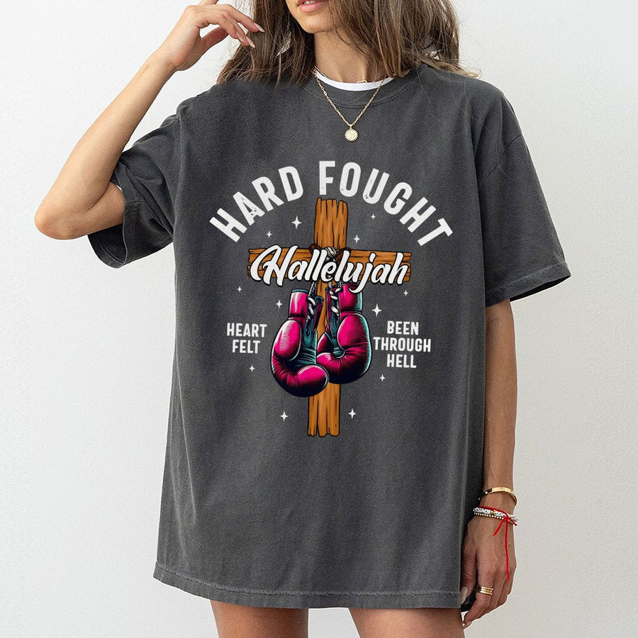 Hard Fought Hallelujah T-Shirt | Christian Boxing Gloves Cross Graphic | Premium 100% Cotton Tee | Faith-Inspired Gift for Believers
