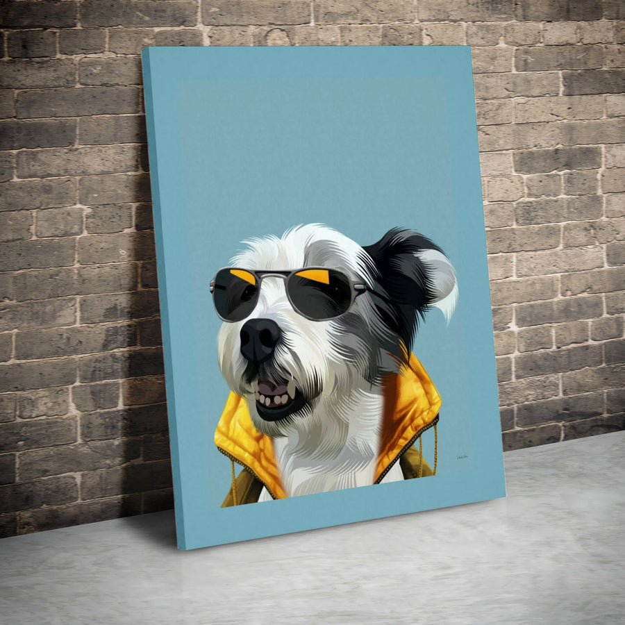 Cool Dog Wall Art Canvas | Shaggy Pup in Sunglasses & Yellow Rain Jacket | Premium Gallery Wrap Print | Fun Pet Lover Home Decor Gift