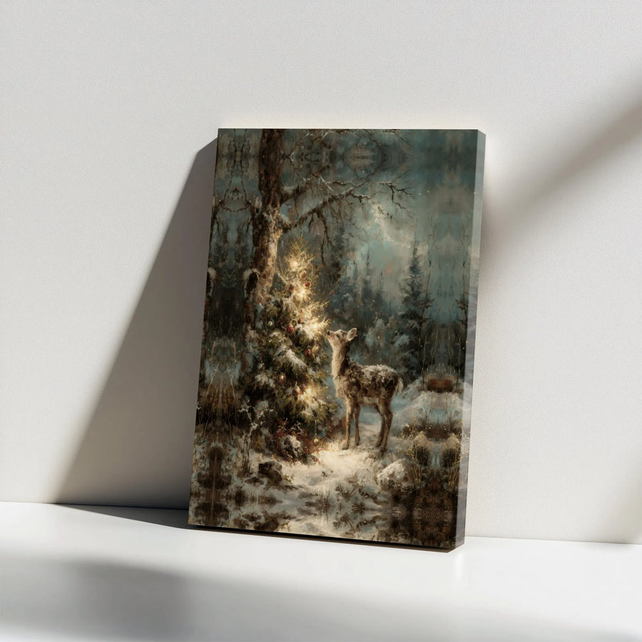 Christmas Deer Wall Art | Winter Forest Fawn With Lit Tree Print | Premium Gallery Wrap Canvas | Holiday Home Decor Gift For Nature Lovers