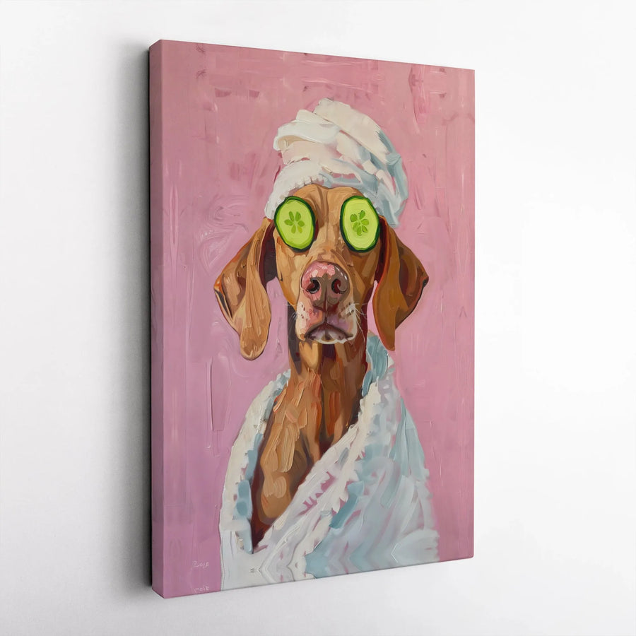 Funny Dog Spa Canvas Print | Vizsla with Cucumber Eyes Painting | Premium Gallery Wrap Wall Art | Unique Gift for Dog Lover, Bathroom Decor
