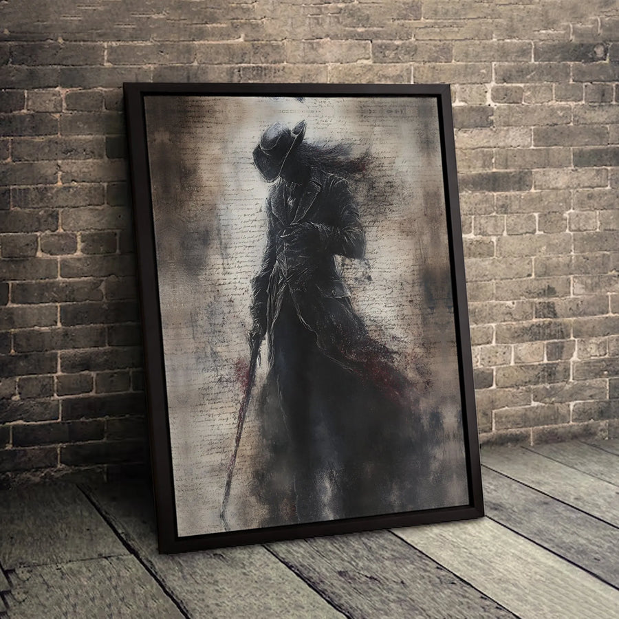 Gothic Silhouette Canvas Wall Art | Dark Mystery Figure with Cane | Premium Gallery Wrap Print | Edgy Home Decor Gift for Him