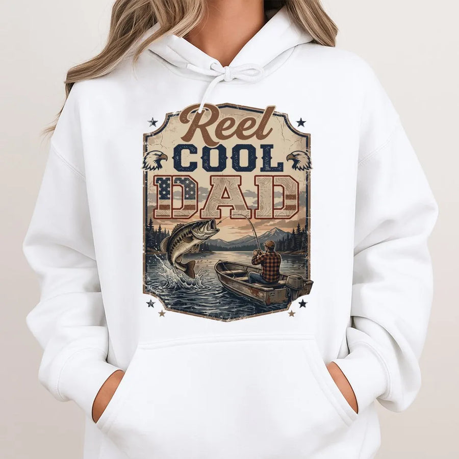 Reel Cool Dad Fishing Hoodie | Vintage American Flag Bass Graphic | Premium Cotton Blend | Father's Day Gift for Fisherman Dad