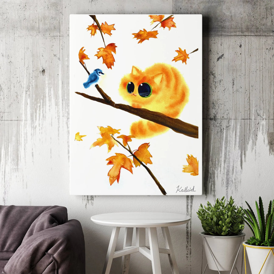Orange Cat Wall Art | Watercolor Autumn Kitten and Blue Bird Print | Premium 1.25-Inch Gallery Canvas | Cute Fall Home Decor Gift for Cat Lovers