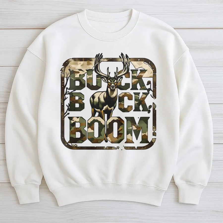 Buck Buck Boom Hunting Sweatshirt | Camo Deer Antler Graphic Design | Premium Cotton Blend | Gift for Outdoorsmen and Deer Hunters