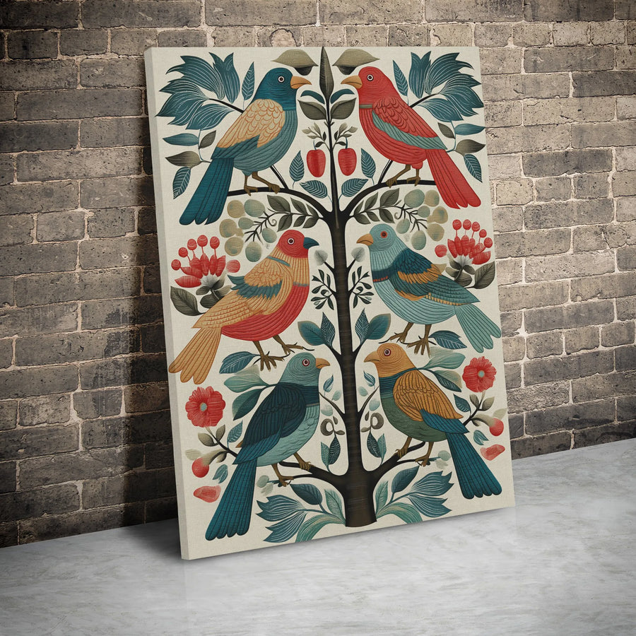 Folk Art Tree Of Life Canvas | Symmetrical Bird Wall Decor | Premium 1.25" Gallery Wrap | Nature-Inspired Home Gift for Art Lovers
