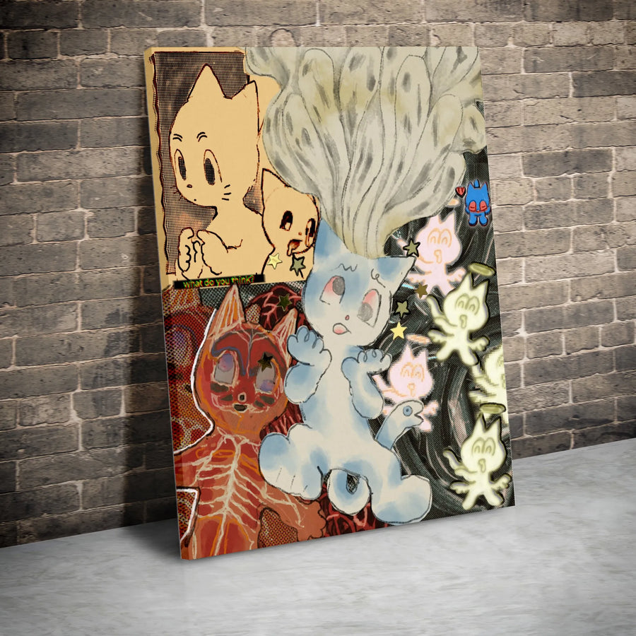 Abstract Cat Art Vertical Canvas | Surreal Kitty Collage Print | Premium Thick Gallery Canvas | Unique Wall Art for Eclectic Home Decor