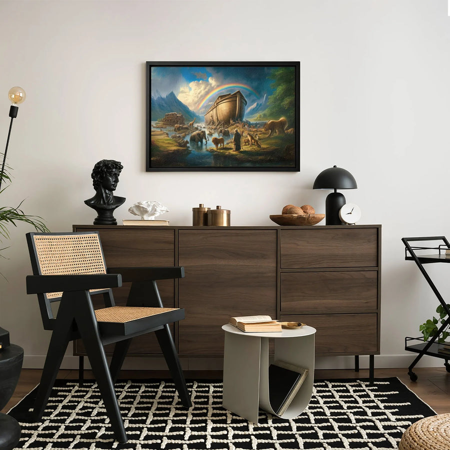 Noah's Ark Canvas Wall Art | Biblical Scene With Animals And Rainbow | Premium Gallery Wrap Print | Religious Home Decor Gift