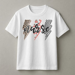 Retro Nurse T-Shirt | Leopard Cherry & Checkered Lightning Bolt Design | Soft Cotton Blend Pullover | Gift for RN LPN Nursing Student Appreciation