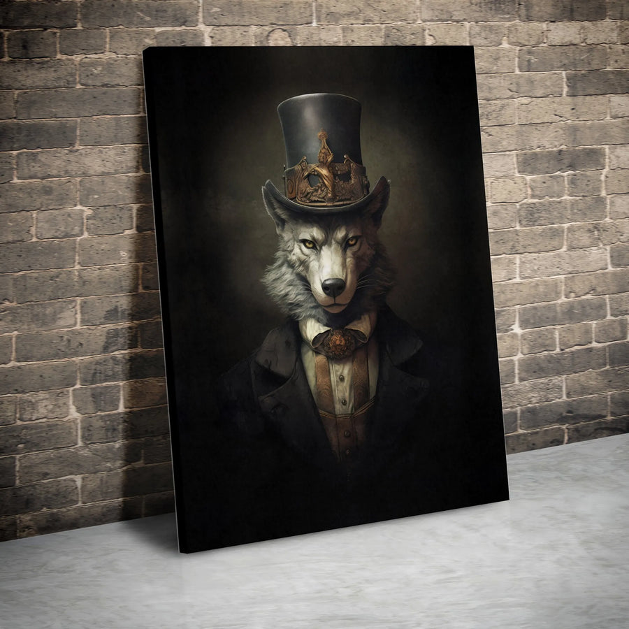 Steampunk Wolf Canvas Print | Gentleman Animal Portrait Wall Art | Premium Fade-Resistant Gallery Wrap | Gothic Victorian Home Decor Gift