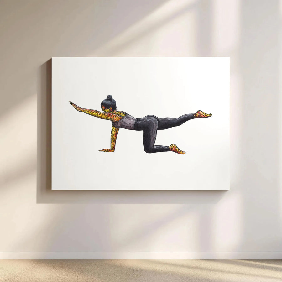 Bird-Dog Yoga Pose Wall Art | Stained Glass Style Fitness Illustration | Premium Gallery Wrapped Canvas | Mindfulness Decor Gift for Yogi