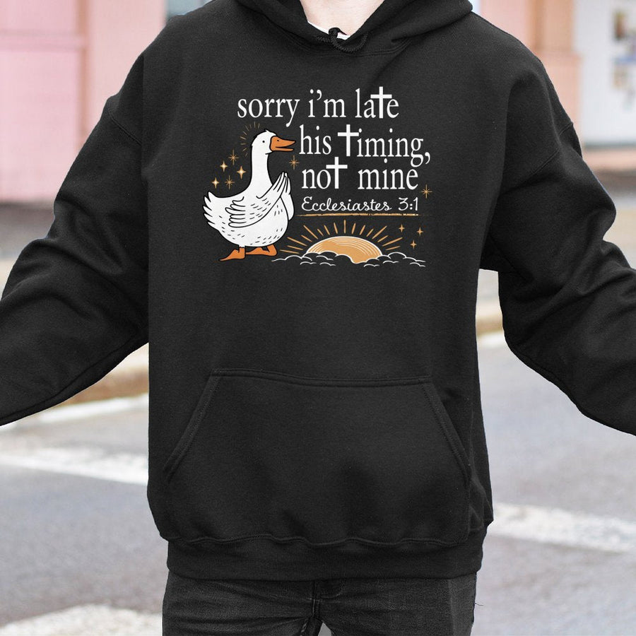 His Timing Not Mine Hoodie | Christian Goose Graphic Sweatshirt | Premium Cotton Blend | Funny Religious Gift For Women And Men