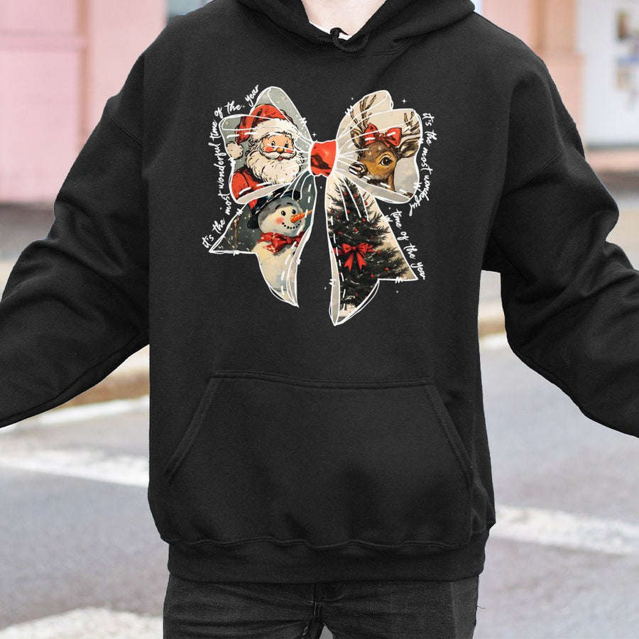 Christmas Coquette Bow Hoodie | Vintage Santa And Reindeer Graphic | Premium Cotton Blend Pullover | Cute Holiday Gift For Women