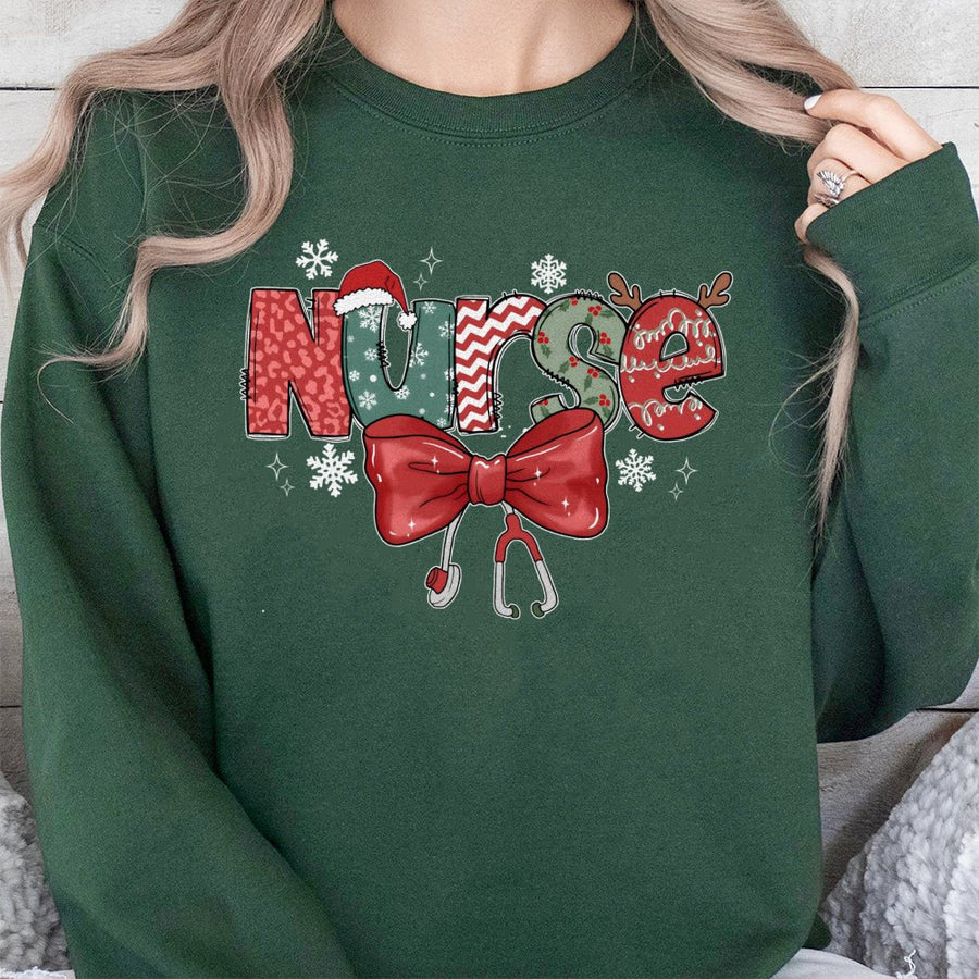 Christmas Nurse Sweatshirt | Festive Stethoscope & Bow Graphic | Premium Cotton Blend | Holiday Gift for Nurses & Nursing Students