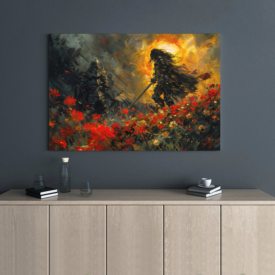 Fantasy Knight Canvas Wall Art | Impressionistic Medieval Duel Painting | Premium Gallery Wrapped Decor | Gift for Fantasy Lovers