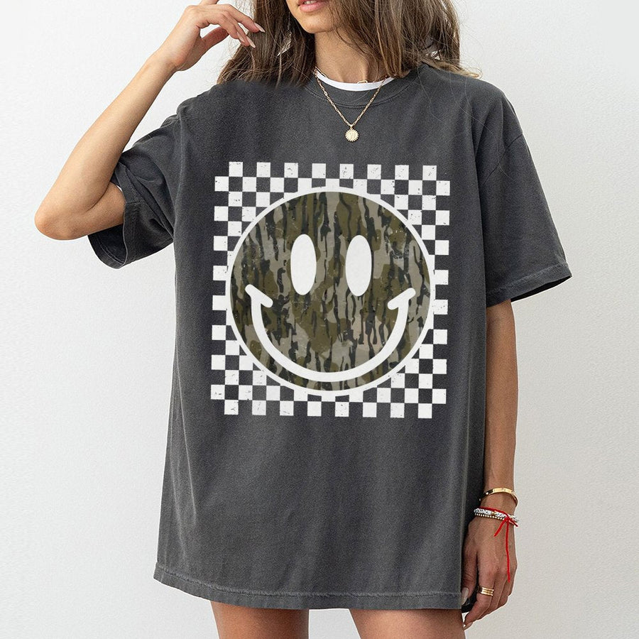 Camo Smiley Face T-Shirt | Distressed Checkered Square Graphic | Premium Soft Cotton Tee | Unisex Trendy Gift for Outdoorsy Women and Men