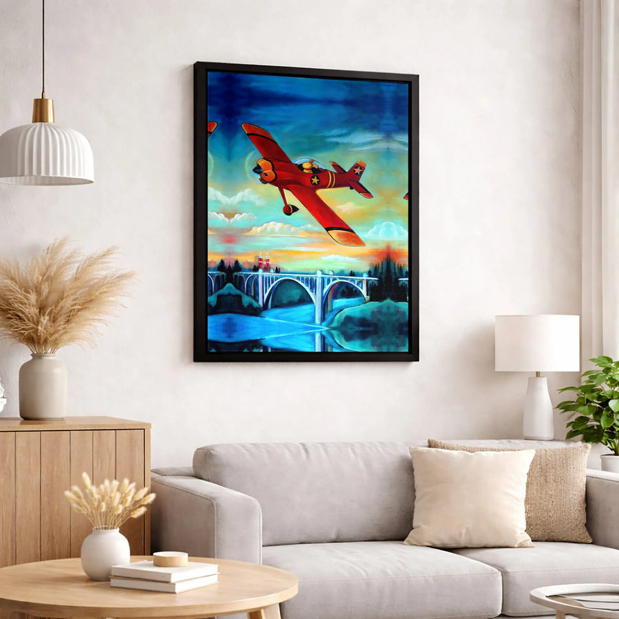 Red Airplane Wall Art | Whimsical Pilot Flying Over Bridge Canvas | Premium 1.25-Inch Gallery Wrap | Nursery Decor & Aviation Gift for Kids
