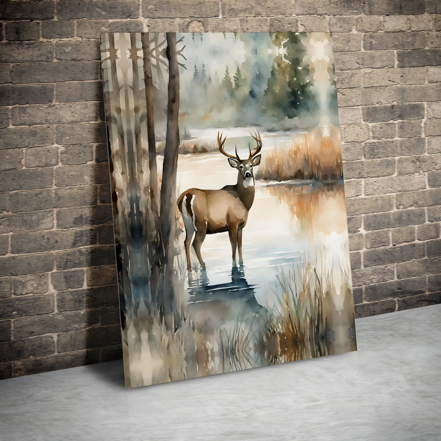 Deer Canvas Wall Art | Watercolor Forest Landscape Painting | Premium Gallery Wrap Canvas | Rustic Cabin Decor Gift for Nature Lovers