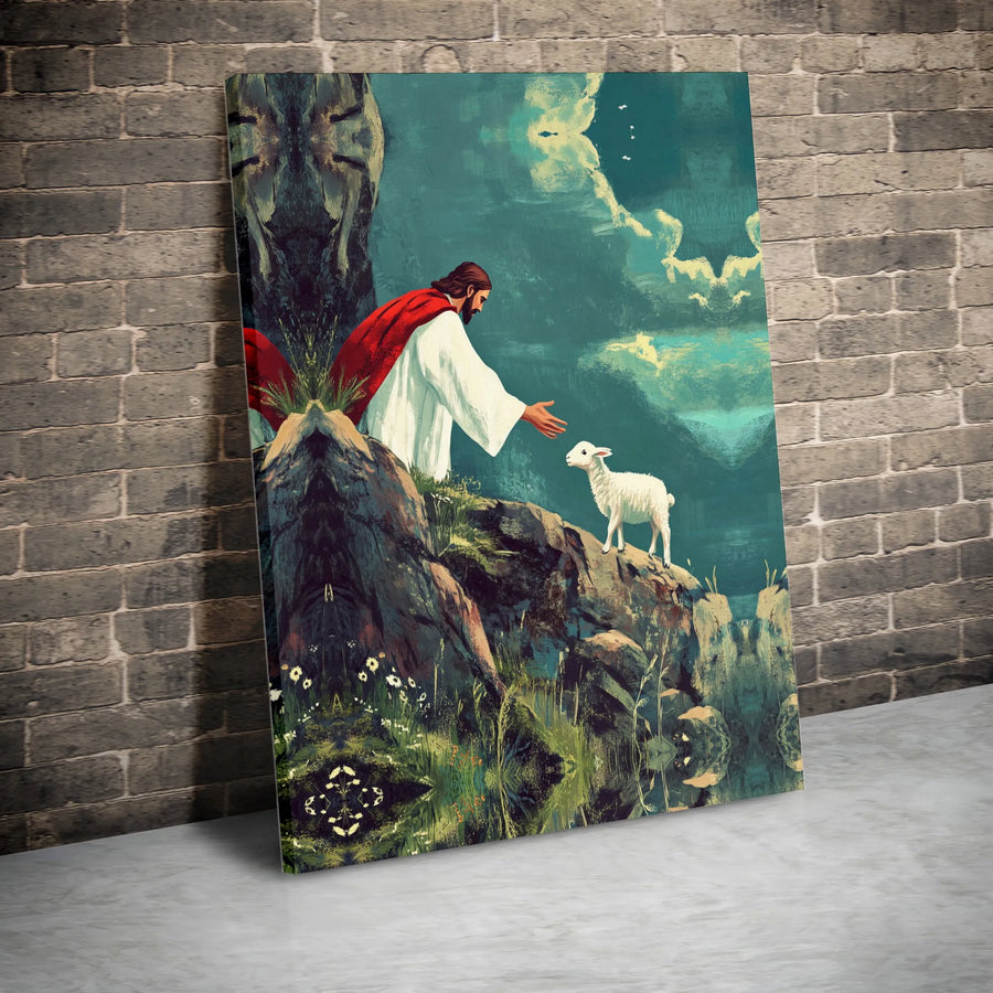 Jesus and Lamb Canvas Wall Art | Good Shepherd Painterly Artwork | Premium Gallery Wrapped Canvas | Christian Home Decor Gift