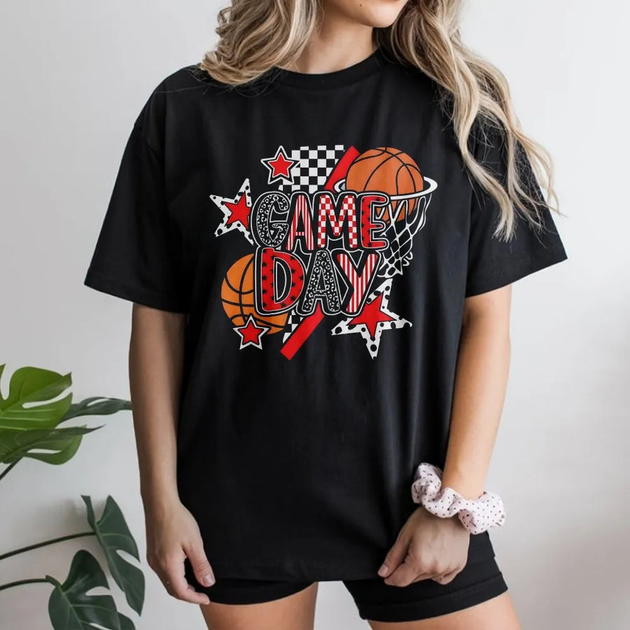 Game Day Basketball T-Shirt | Distressed Red & Black Sports Graphic | Premium Cotton Unisex Tee | Gift for Basketball Mom & Fan