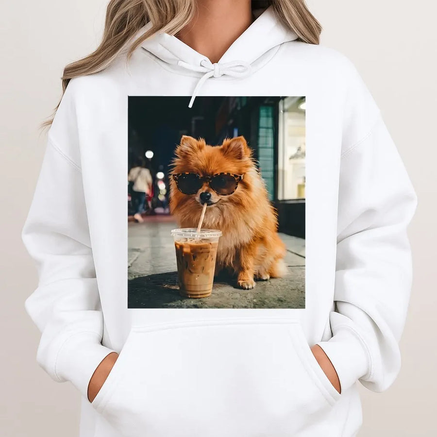 Pomeranian Dog Hoodie | Funny Dog with Sunglasses Drinking Coffee | Premium Cotton Blend Pullover | Gift for Dog Lover & Coffee Fan