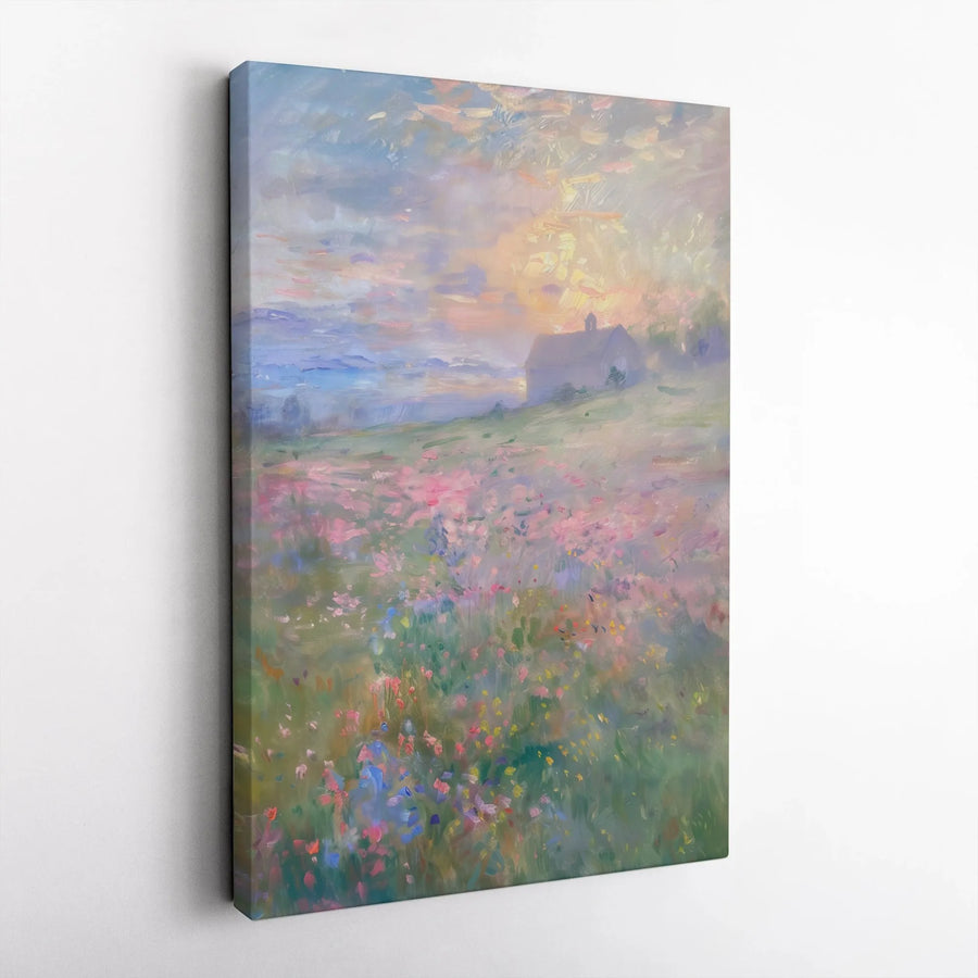 Impressionist Wildflower Meadow Canvas Print | Pastel Sunrise Wall Art | Thick Gallery Wrap Canvas | Farmhouse Living Room Decor Gift