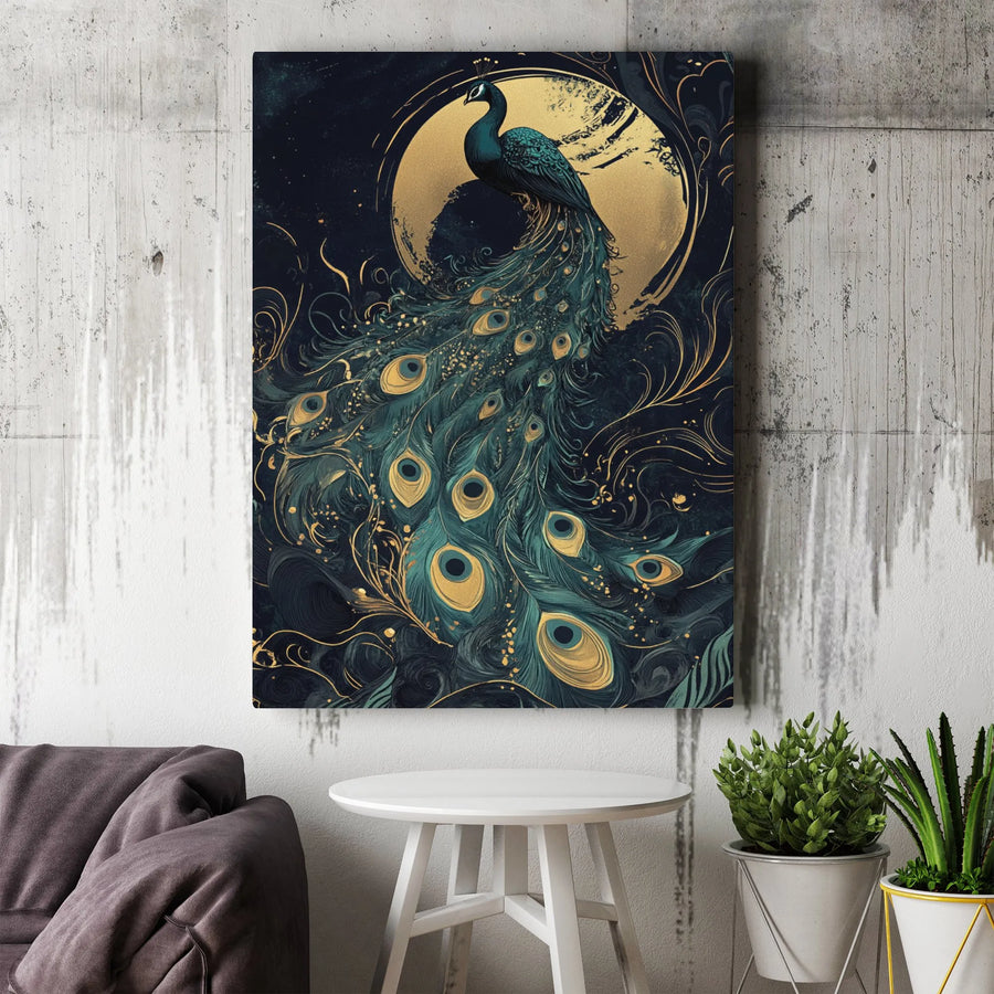 Elegant Peacock Vertical Canvas | Abstract Gold & Teal Feather Art | Premium Gallery Wrapped Print | Modern Living Room Wall Decor Gift