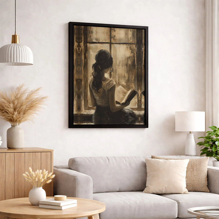 Woman Reading Book Canvas Wall Art | Sepia Tone Window Portrait | Premium Gallery Wrap Print | Aesthetic Home Decor Gift for Book Lovers