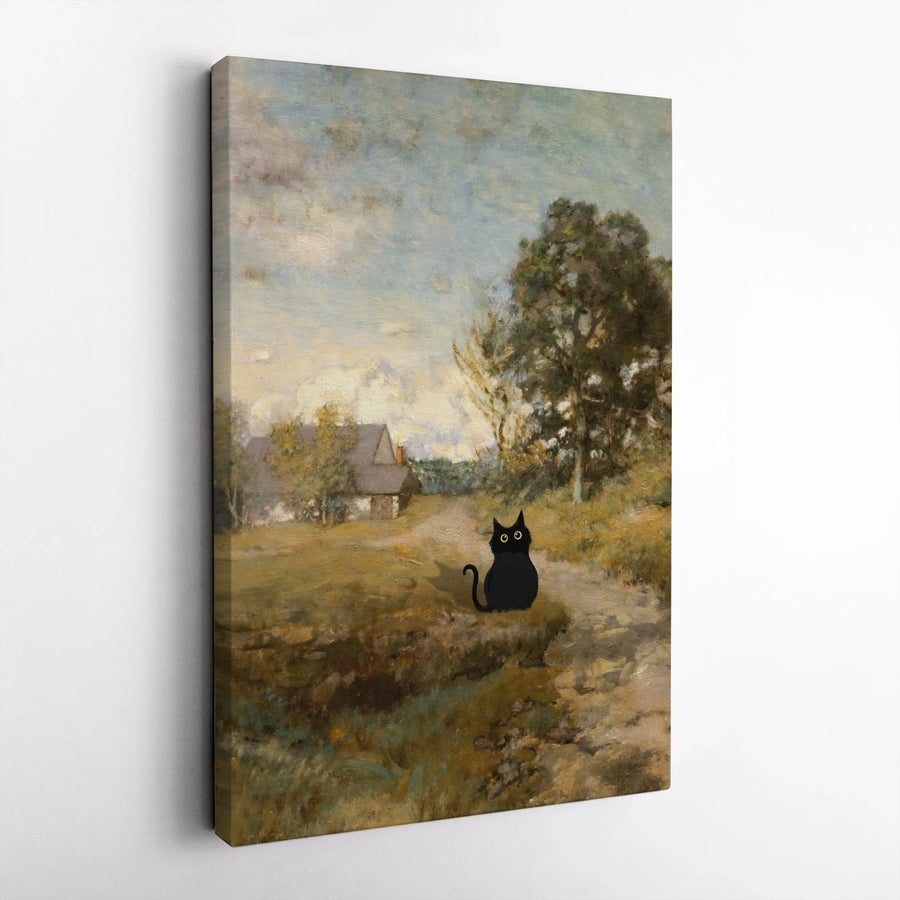 Black Cat Landscape Wall Art | Whimsical Illustration in Oil Painting Style | Premium Gallery Wrap Canvas | Unique Home Decor Gift for Cat Lovers