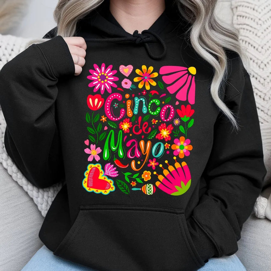Cinco De Mayo Hoodie | Colorful Mexican Folk Art Graphic | Premium Cotton-Blend Sweatshirt | Unisex Fiesta Party Gift