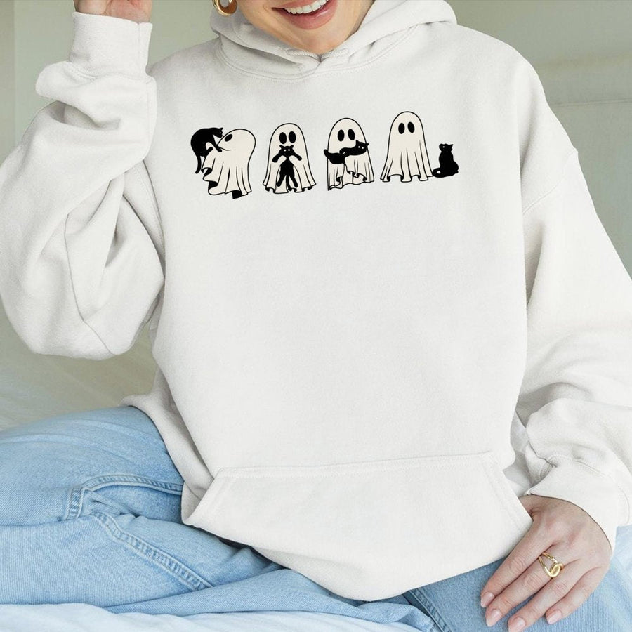 Ghost Mama Hoodie | Cute Ghost with Black Cats Design | Soft Cotton-Polyester Blend | Spooky Cat Mom Halloween Gift for Her