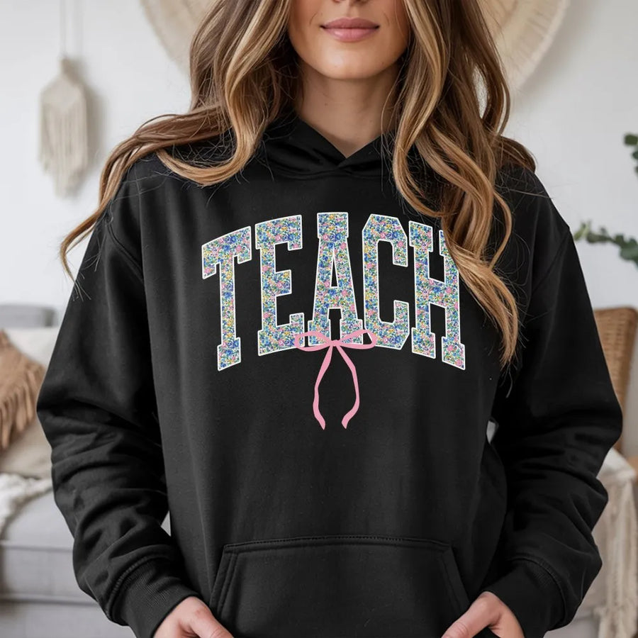 Floral Teacher Hoodie | Cute Coquette Bow Teach Design | Premium Comfort Colors Tee | Teacher Appreciation Gift for Women