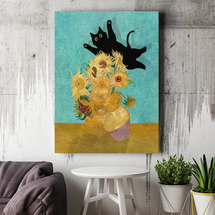Black Cat Sunflowers Canvas | Funny Van Gogh Parody Wall Art | Gallery Quality 1.25" Profile | Whimsical Gift for Cat Lovers