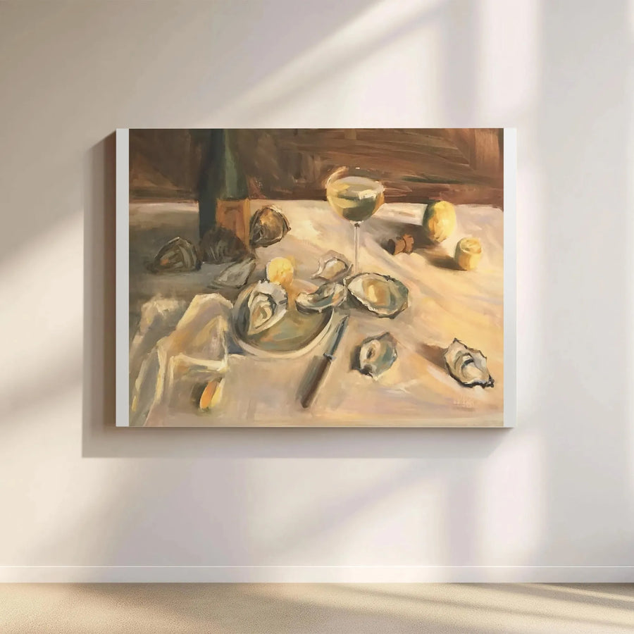 Oyster Still Life Canvas Art | Vintage Wine and Seafood Painting Print | Premium Gallery Wrap Canvas | Kitchen & Dining Room Decor Gift