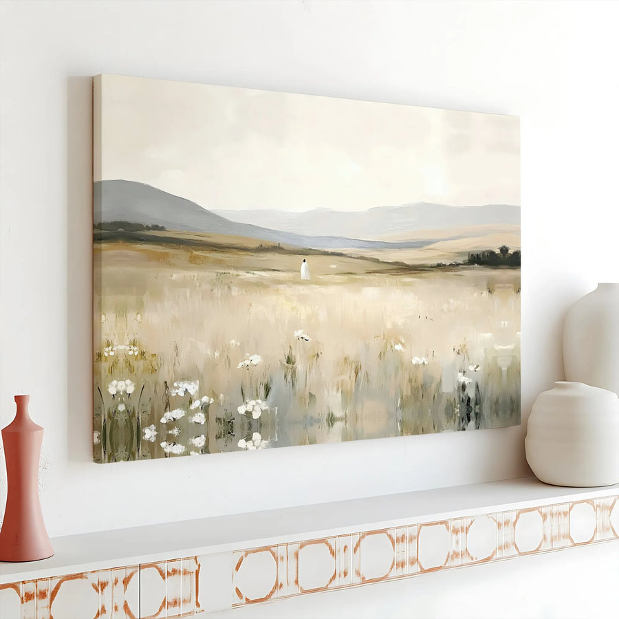 Jesus Walking in Field Landscape Canvas | Soft Neutral Meadow Wall Art | Premium Gallery Wrap Print | Serene Christian Home Decor Gift