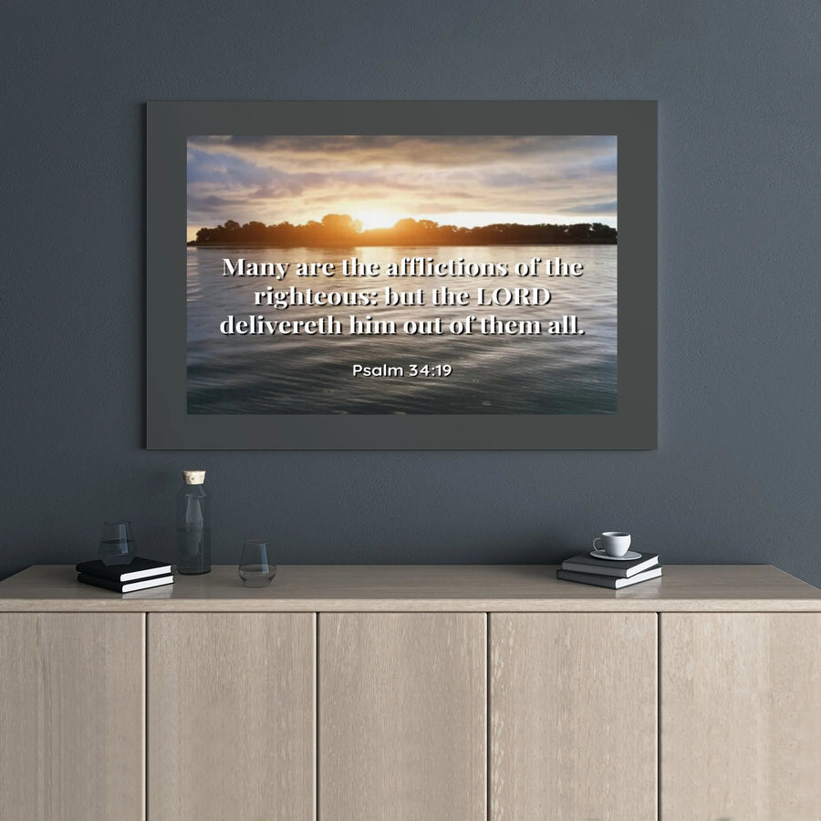 Psalm 34:19 Canvas Wall Art | Scripture Bible Verse Sunset Print | Premium Gallery Wrap Decor | Inspirational Christian Gift for Home Office