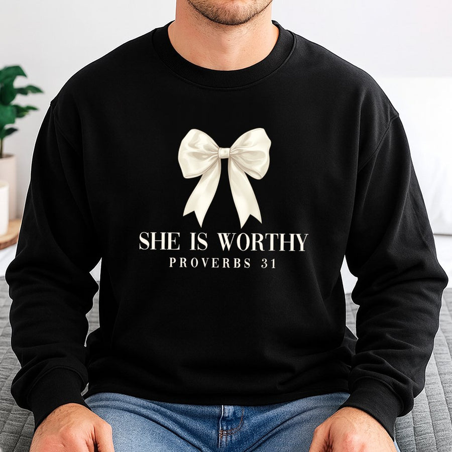She Is Worthy Sweatshirt | Proverbs 31 Faith Bow Design | Premium Cotton Blend Crewneck | Christian Gift for Women and Coquette Aesthetic Lovers