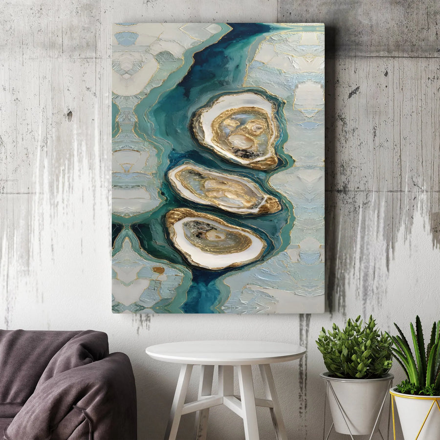 Abstract Oyster Canvas Print | Modern Coastal Art with Gold Accents | Premium Gallery Wall Decor | Luxury Bathroom & Kitchen Gift
