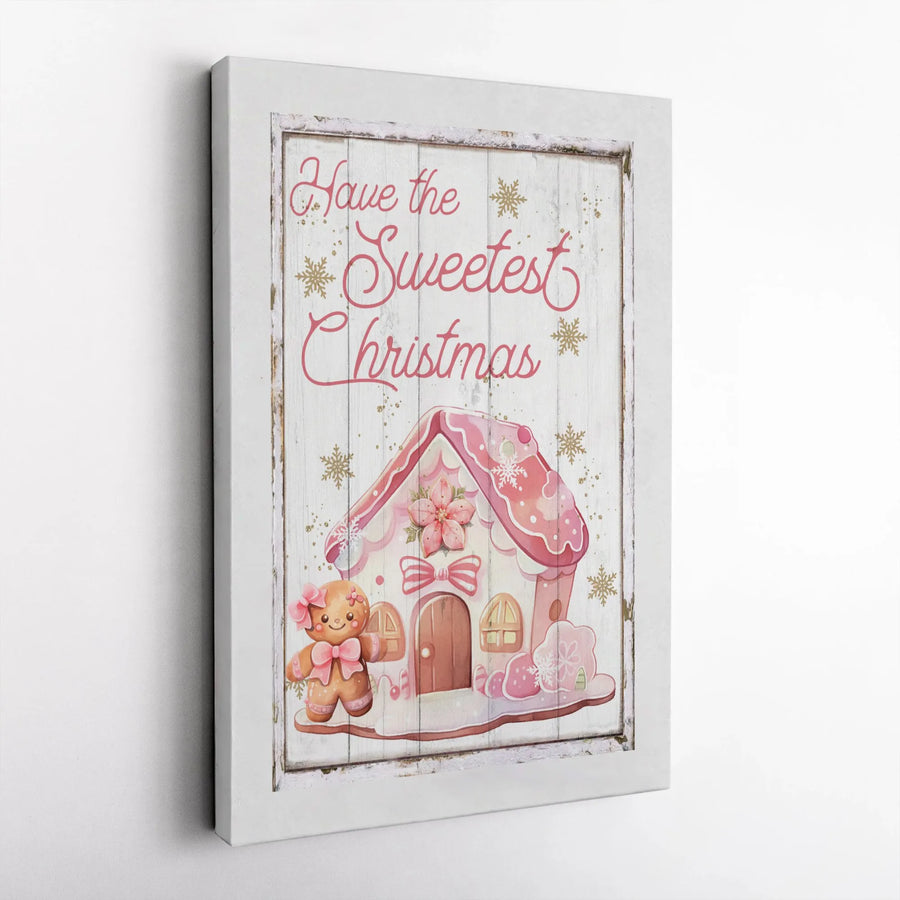 Pink Gingerbread House Canvas Print | Sweetest Christmas Holiday Wall Art | Premium Fade-Resistant Gallery Wrap | Festive Decor For Kids Room