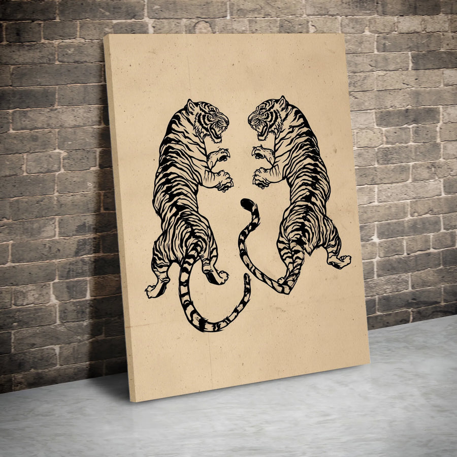 Fighting Tigers Canvas Wall Art | Japanese Ink Style Illustration | Gallery-Quality Premium Print | Bold Home Decor for Living Room or Office