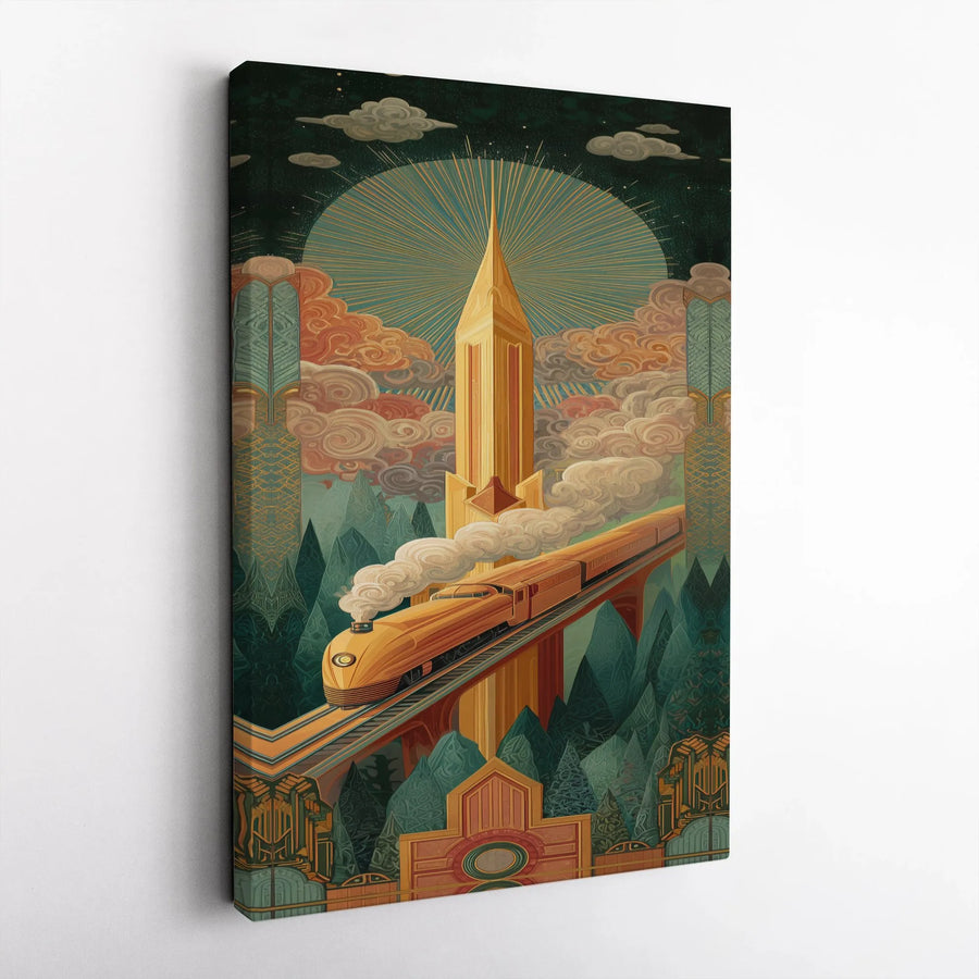 Art Deco Train Wall Art | Golden Streamline Locomotive & Skyscraper Print | Premium Gallery Wrapped Canvas | Vintage Industrial Home Decor Gift