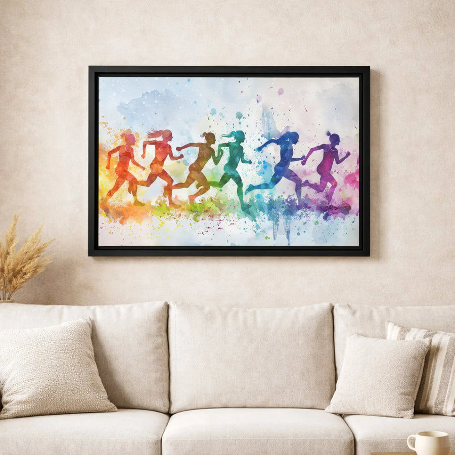 Female Runner Canvas Wall Art | Rainbow Watercolor Silhouette Print | Premium Gallery Wrapped Decor | Gift for Marathon Runner & Athlete