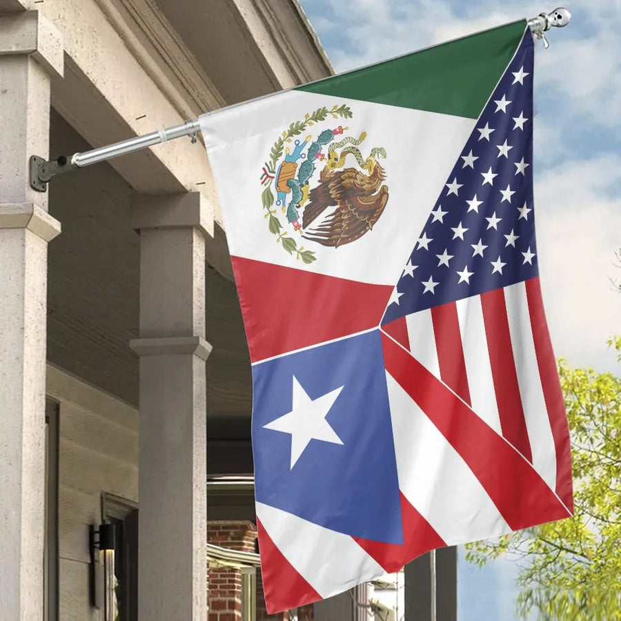 USA Mexico Puerto Rico House Flag | Combined Heritage Double-Sided Print | Premium Weather-Resistant Fabric | Patriotic Porch Decor Gift for Latino Families