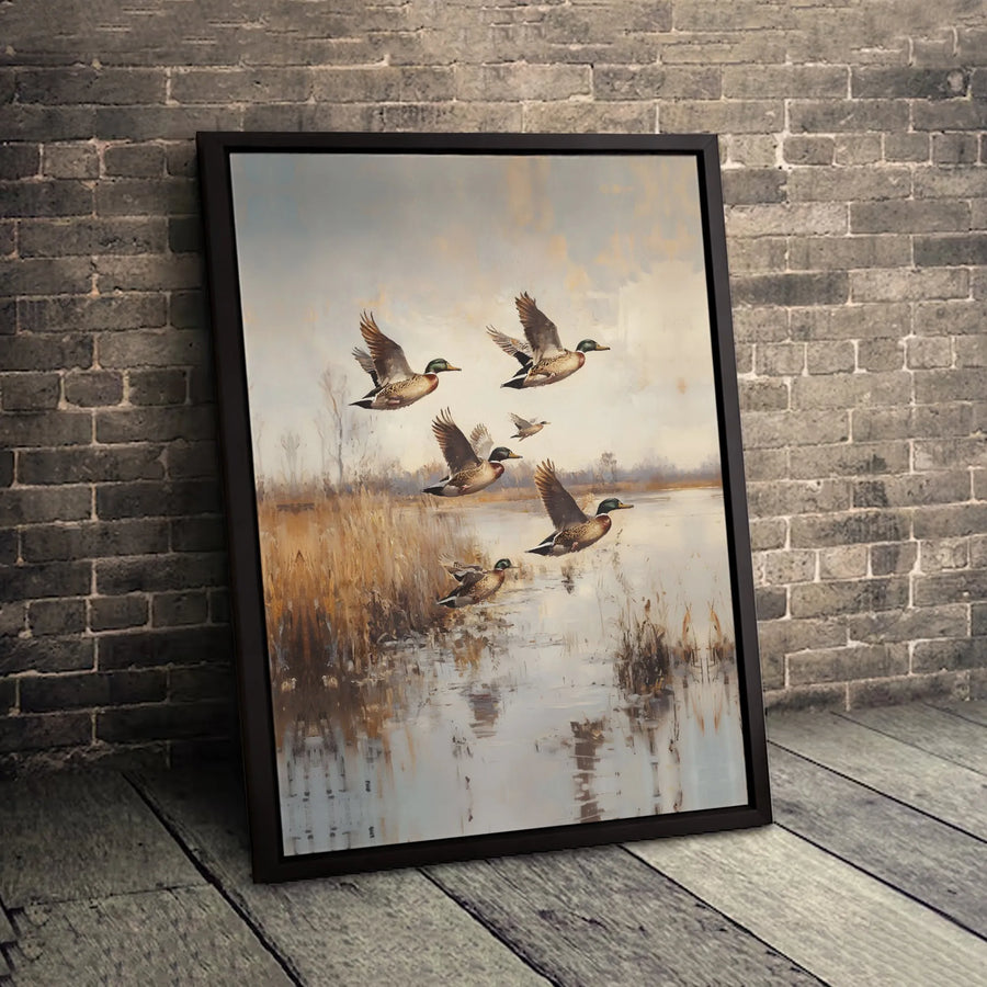 Flying Mallard Ducks Canvas Wall Art | Rustic Marsh Landscape Painting | Premium Gallery Wrap Print | Nature Inspired Home Decor Gift