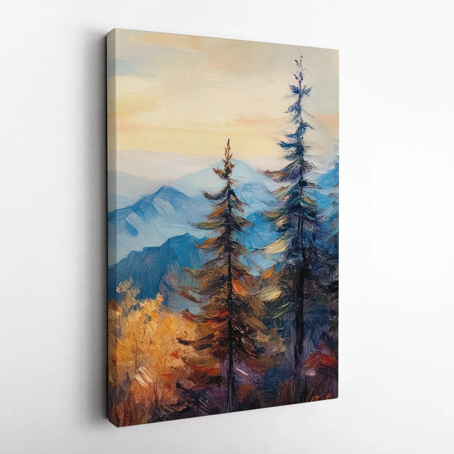 Mountain Landscape Canvas Print | Pine Forest Oil Painting Style Art | Gallery Quality Framed Wall Decor | Nature Lover Gift for Home Office