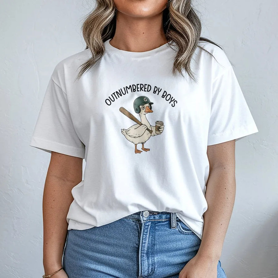 Outnumbered By Boys T-Shirt | Funny Goose Baseball Graphic | Soft Unisex Crewneck | Unique Gift for Sports Mom, Boy Mom Life Apparel
